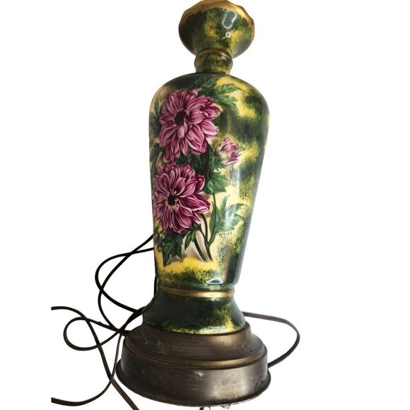 Vintage Tall Table Lamp With Brass Base Hand-Painted Floral Ceramic original fin - Picture 10 of 16